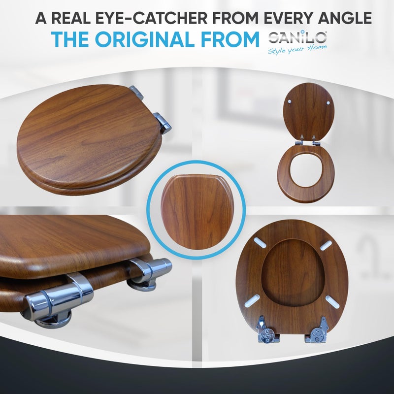 SANILO Wooden Toilet Seat with Soft Close [ROUND] - Decorative, Quiet & Slow Close Molded Wood Seat - With Strong Bumpers & Hinges - Adjustable Fit â€“ Mahogany - Image 5